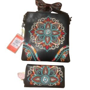 Mountain West Embroidered & Beaded Leather Bag & Matching Wallet